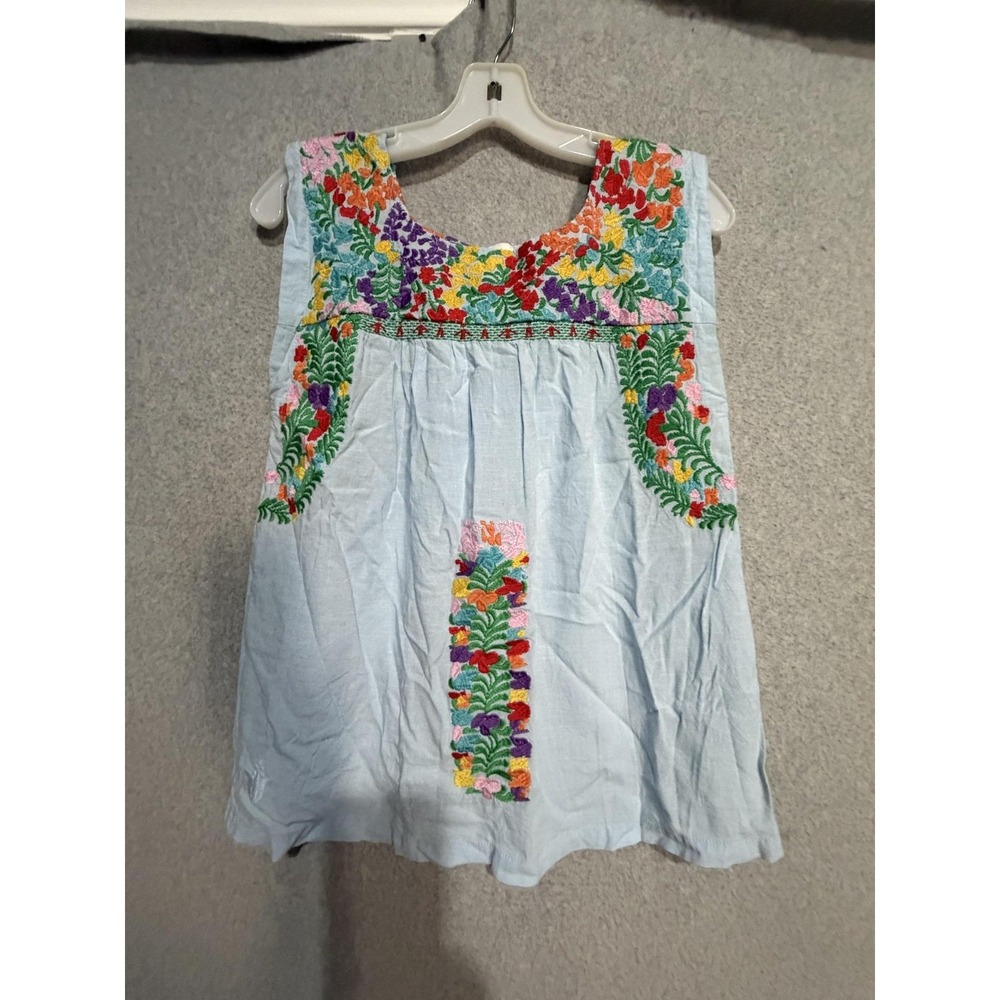 J. Marie Blouse Womens XS Blue Embroidered Floral Scoop Neck Tunic Top Boho
